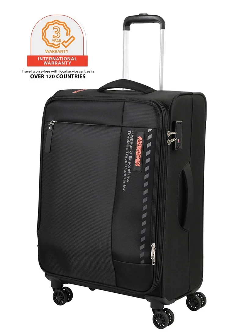 AMERICAN TOURISTER Marina Suitcase, Check-In Size 70 cm / 26 inch, 4 Spinner Wheels, Soft Top, 100% Polyester, Black|Inner Mesh Zippered Pocket|Expandable|TSA Lock|Voluminous Front Pocket - 3 Years International Warranty